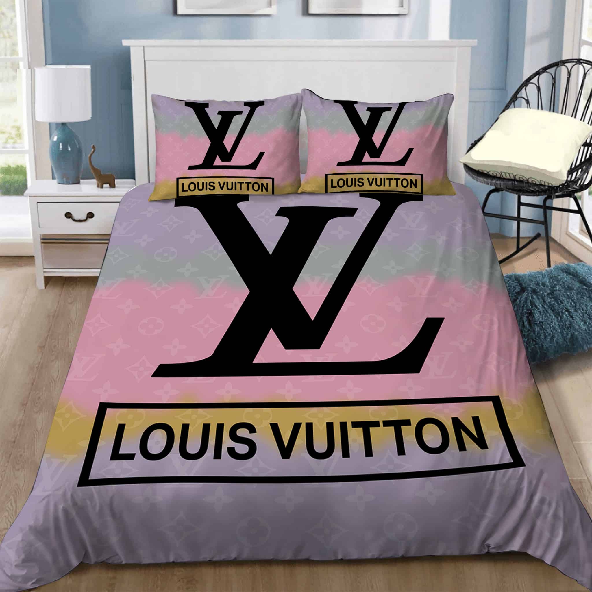 Louis Vuitton Blue And Black Logo Brand Bedding Set Home Decor Luxury Bedroom  Bedspread, by SuperHyp Store