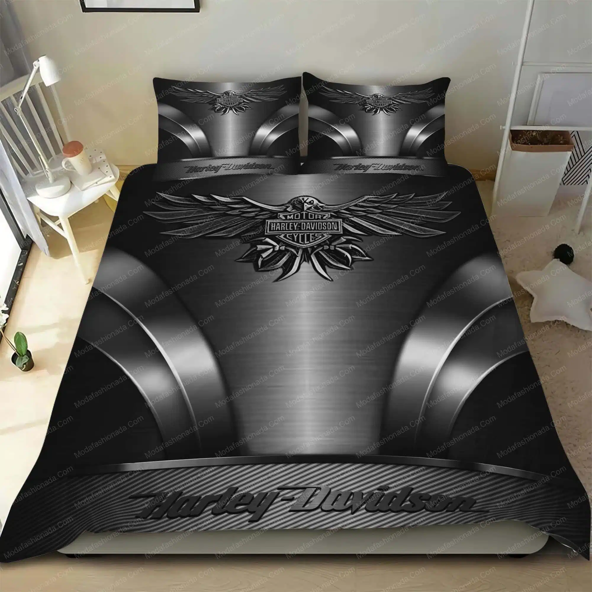 Harley Davidson Eagle Black Background Motorcycles Logo Moto 27 Bedding Set