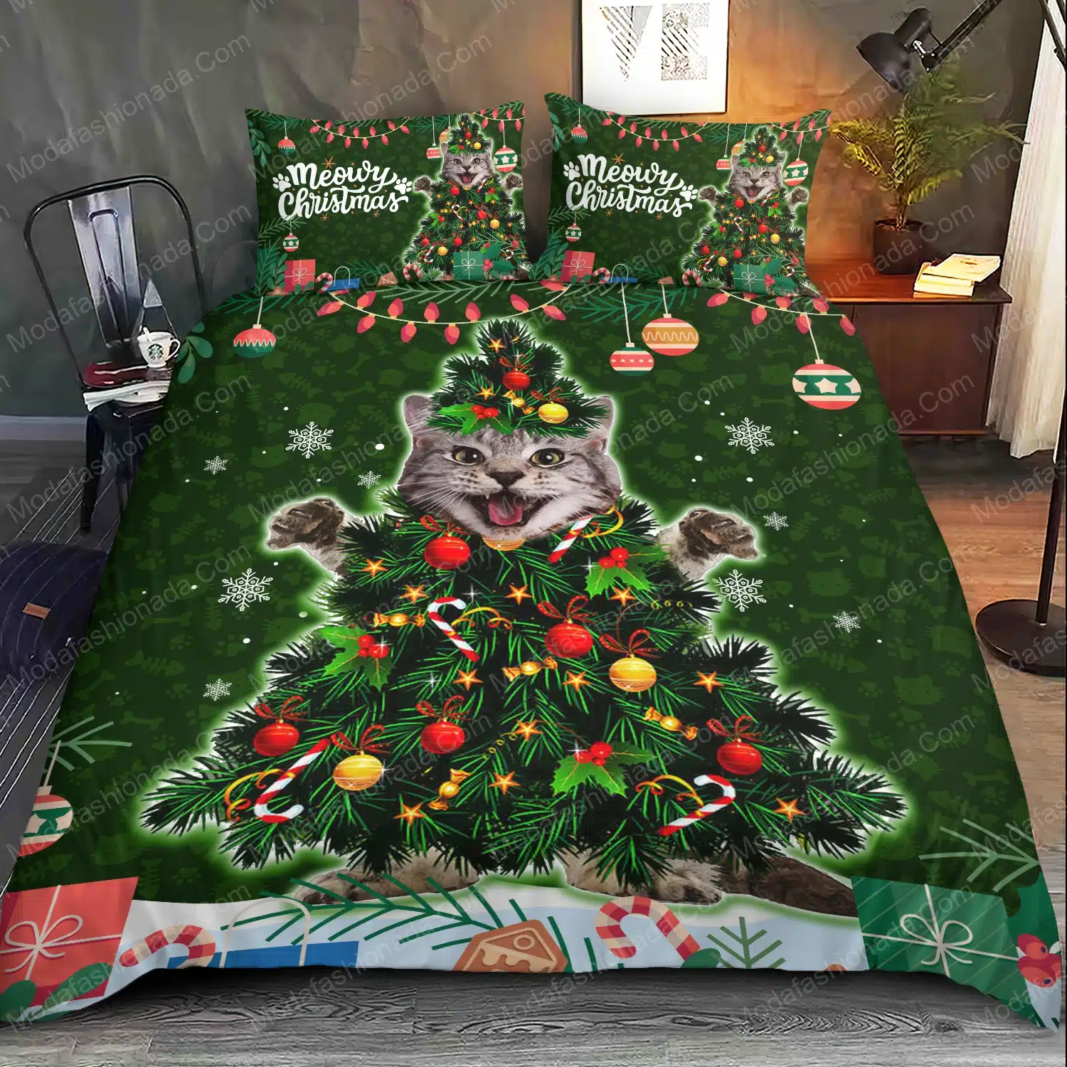 Cute Maine Coon Cat Christmas Tree Light Xmas Bedding Sets - Modafashionada.Com