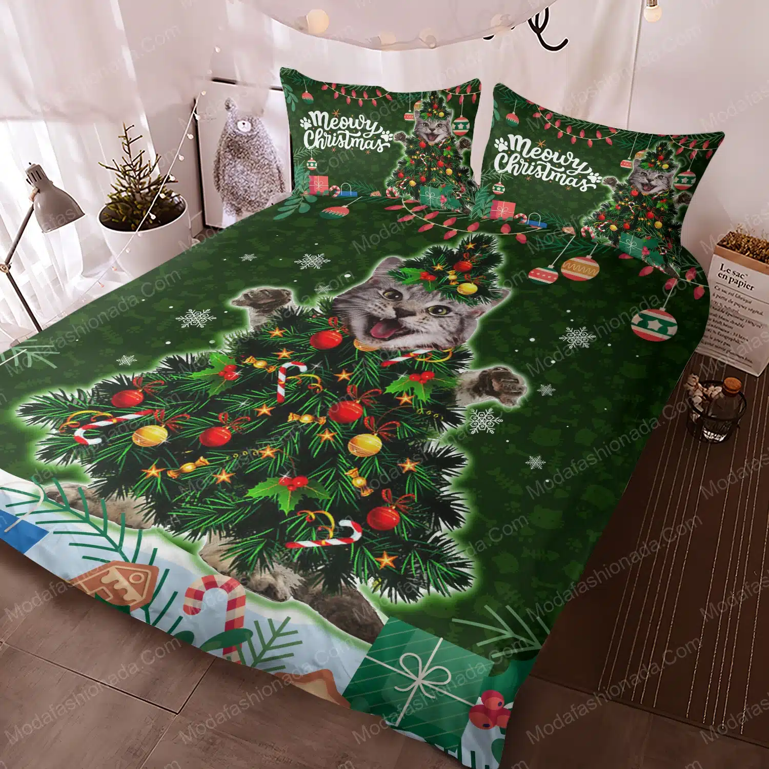 Cute Maine Coon Cat Christmas Tree Light Xmas Bedding Sets - Modafashionada.Com