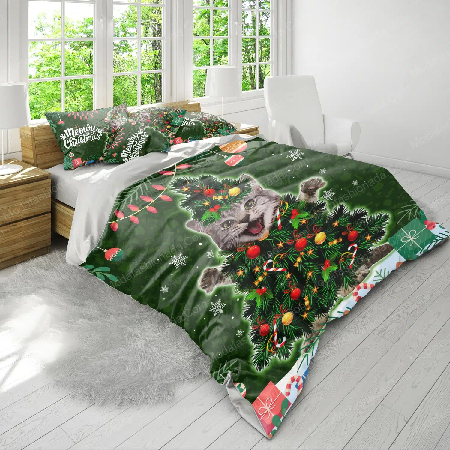 Cute Maine Coon Cat Christmas Tree Light Xmas Bedding Sets - Modafashionada.Com