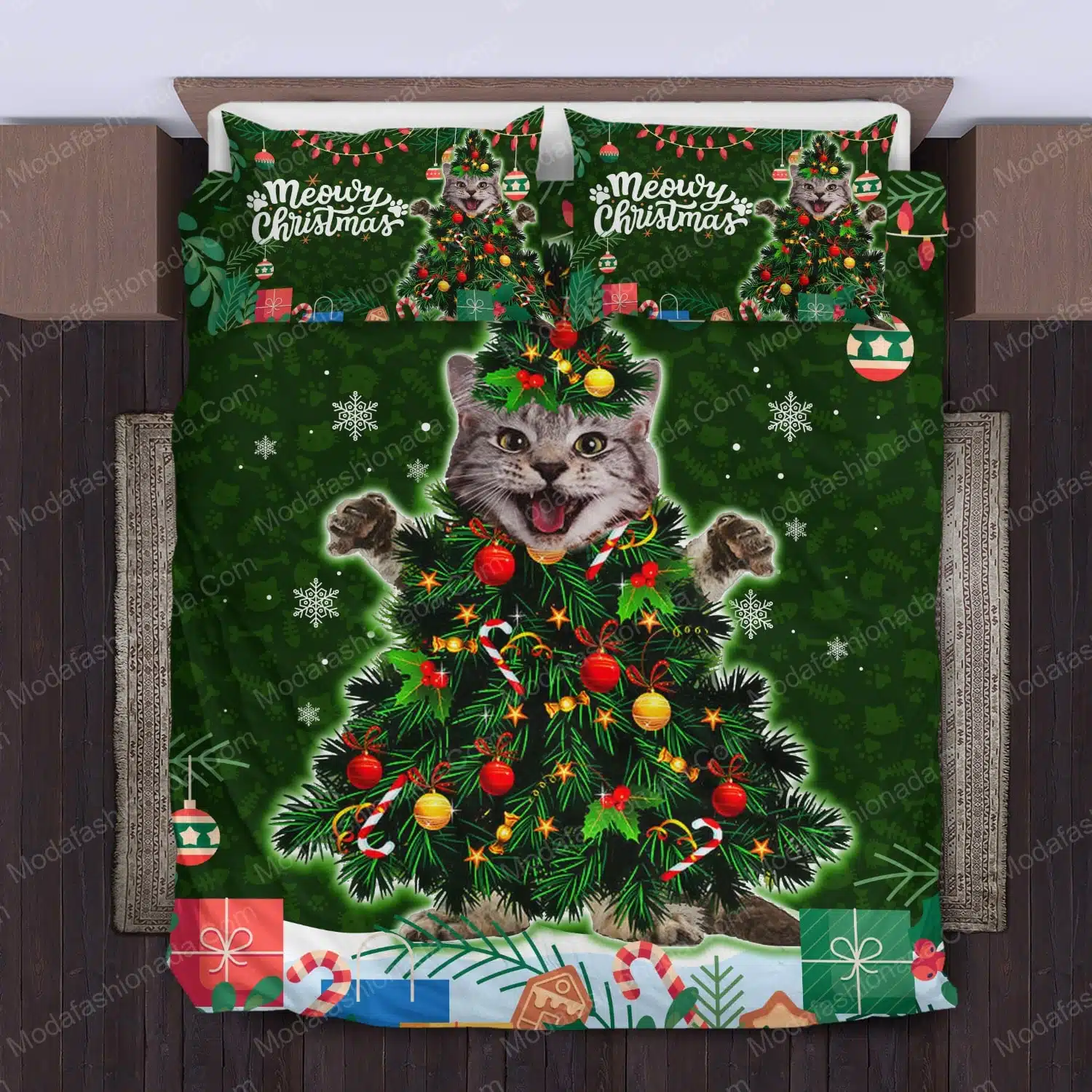 Cute Maine Coon Cat Christmas Tree Light Xmas Bedding Sets - Modafashionada.Com