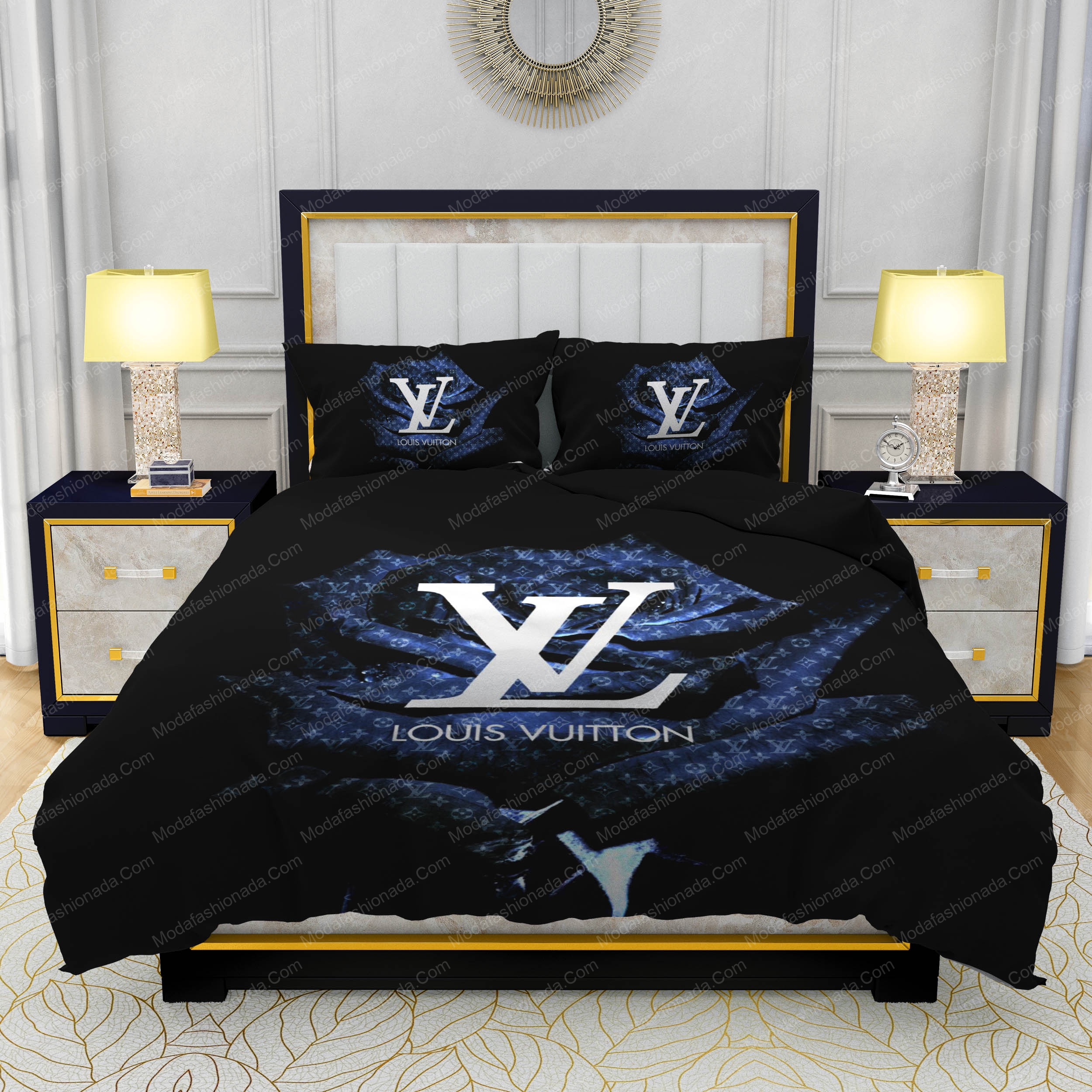 Floral Design Louis Vuitton Black, Dark Blue And Navy Luxury Bedding Sets
